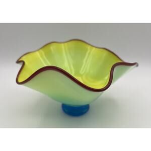 Vintage Rick Strini Ruffle Art Glass Bowl Blue & Yellow w Red Rim 7.5” Signed